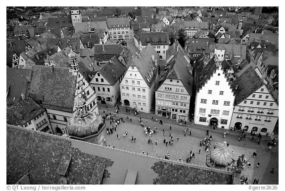 Marktplatz seen from the Rathaus tower. Rothenburg ob der Tauber, Bavaria, Germany (black and white)