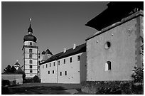 Marienkapelle (Church of Marie) and Festung Marienberg (citadel). Wurzburg, Bavaria, Germany (black and white)