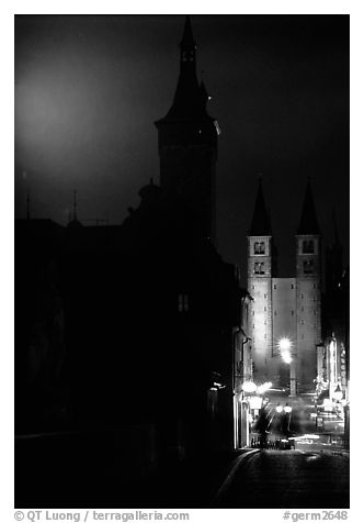 Rathaus and Neumunsterkirche seen fron Alte Mainbrucke (bridge) at night. Wurzburg, Bavaria, Germany (black and white)