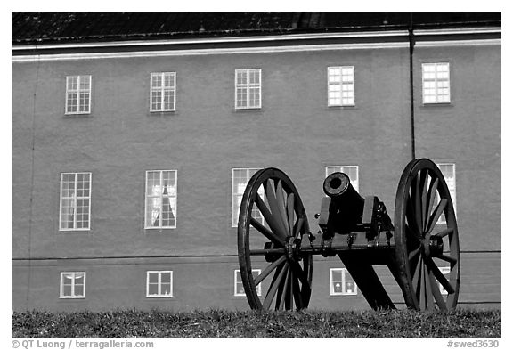 Cannon in front of Uppsala castle. Uppland, Sweden (black and white)