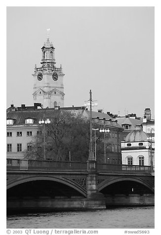 Bridge and church in Gamla Stan. Stockholm, Sweden (black and white)