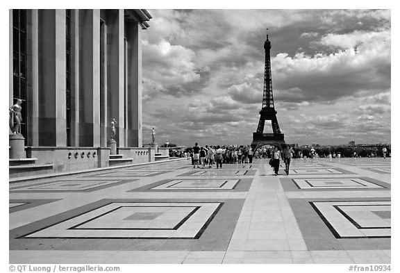 Eiffel tower seen from the marble surface of Parvis de Chaillot. Paris, France (black and white)