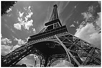 Wide view of Eiffel tower from its base. Paris, France (black and white)