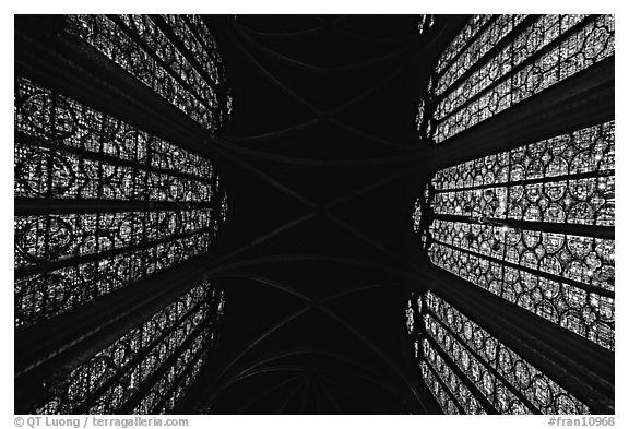 Stained glass and ceiling of Holy Chapel. Paris, France (black and white)