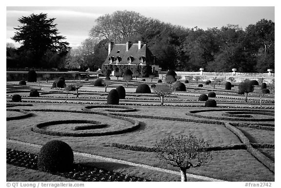 Gardens of Chenonceaux chateau. Loire Valley, France (black and white)