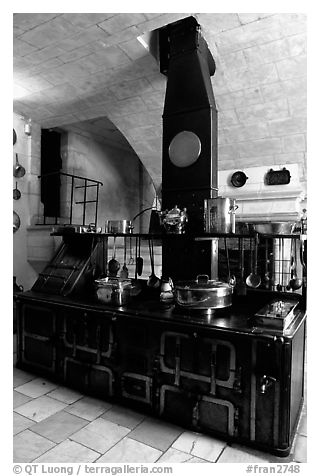 Kitchen of the Chenonceaux chateau. Loire Valley, France (black and white)