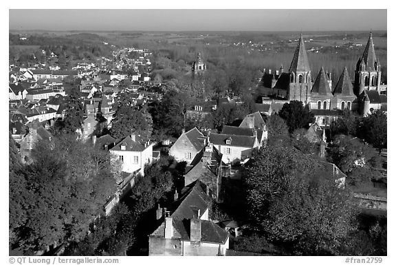 View of Loches from the dungeon. Loire Valley, France (black and white)