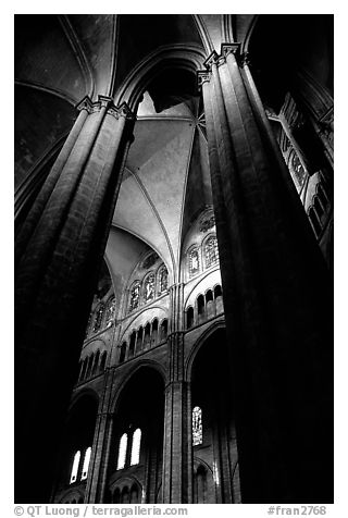 Columns inside Saint-Etienne Cathedral. Bourges, Berry, France (black and white)