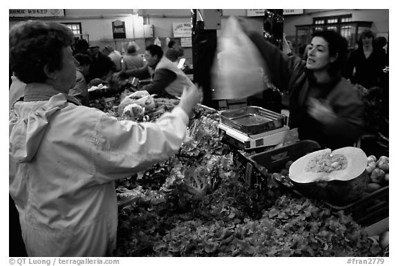 Shopping at the Fresh produce market, Saint Malo. Brittany, France (black and white)