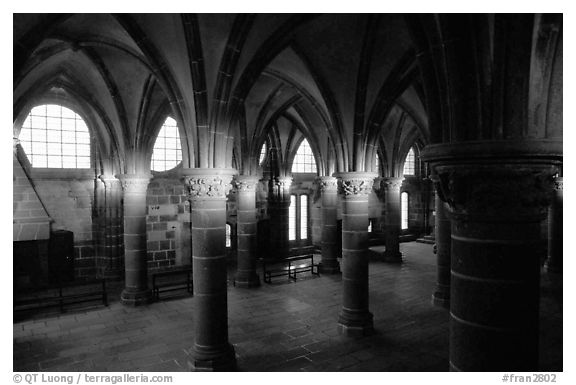 Hall of the knights inside the Benedictine abbey. Mont Saint-Michel, Brittany, France