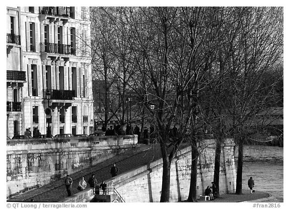 Waterfront and quay, Saint-Louis island. Paris, France (black and white)