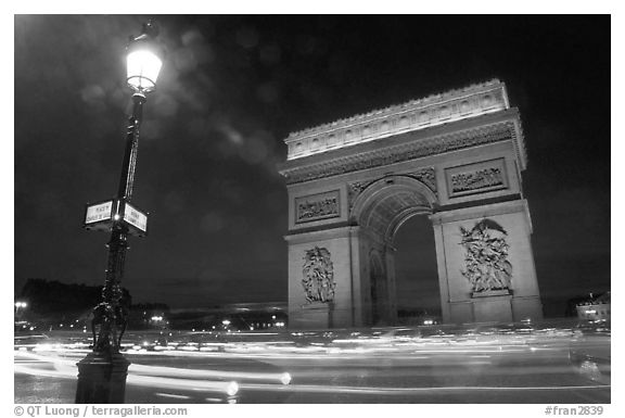 Arc de Triomphe and Place de l'Etoile at night. Paris, France (black and white)
