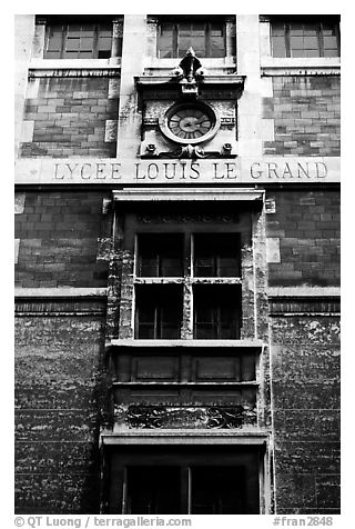 Facade of Lycee Louis-le-Grand, founded by Louis XIV in the 17th century. Quartier Latin, Paris, France (black and white)