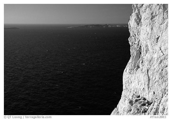 Calanque de Morgiou with rock climbers. Marseille, France (black and white)
