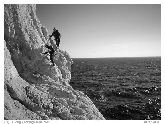 Scrambing to the Morgiou cape. Marseille, France (black and white)