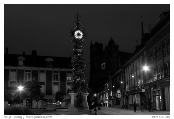 Place  Marie-Sans-Chemise and horloge Dewailly by night, Amiens. France (black and white)