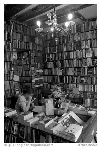 Front counter of Shakespeare and Company bookstore. Paris, France (black and white)