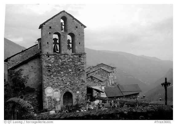 Church in high perched village. Maritime Alps, France (black and white)
