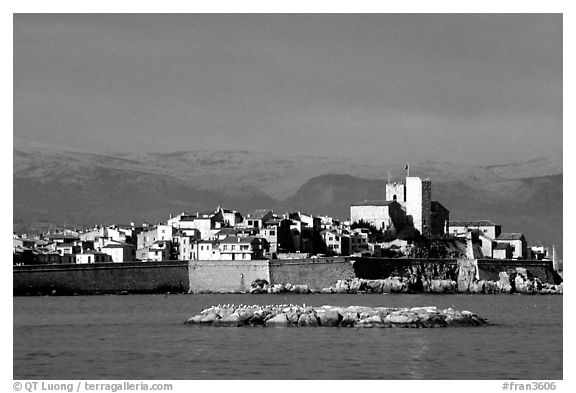 Antibes ramparts, and old town. Maritime Alps, France (black and white)