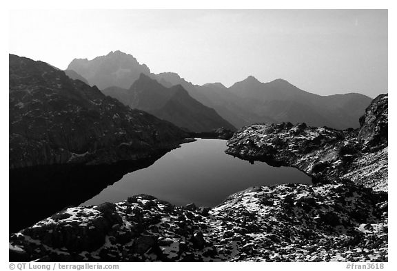Lake in early winter in, Mercantour National Park. Maritime Alps, France (black and white)