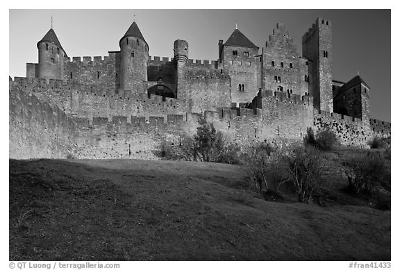 Fortified walls of the City. Carcassonne, France (black and white)