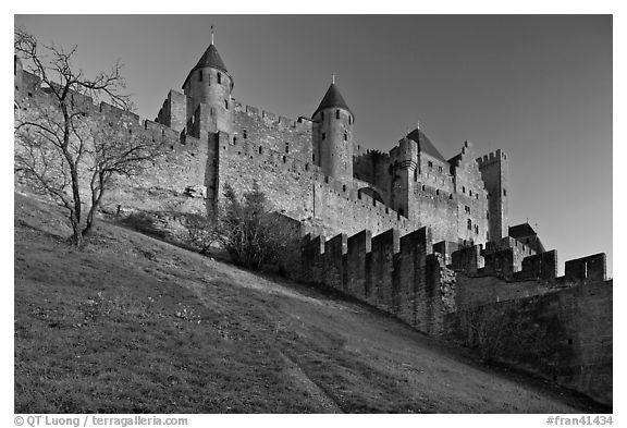 Medieval fortified city. Carcassonne, France (black and white)