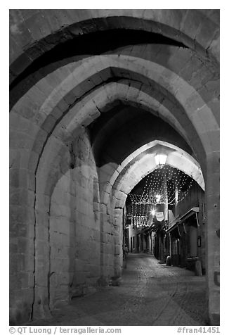 Rue Cros Mayerevielle through medieval Porte Narbornaise. Carcassonne, France