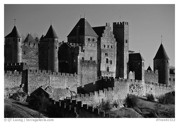 Castle and ramparts, medieval city. Carcassonne, France (black and white)
