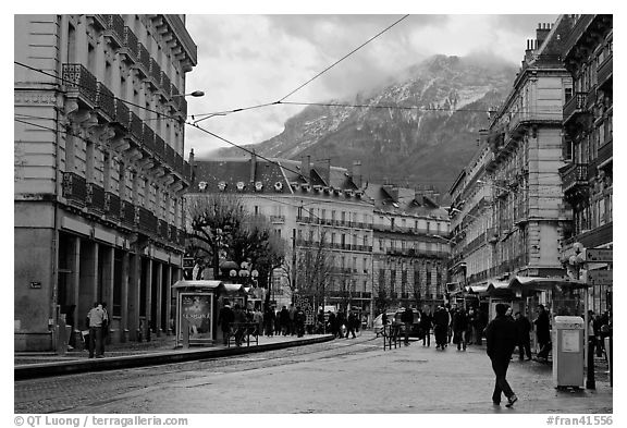 Downtown street on wintry day. Grenoble, France (black and white)