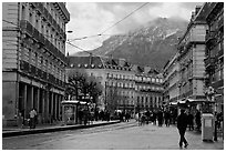 Downtown street on wintry day. Grenoble, France (black and white)