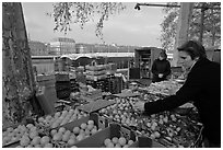 Fruit market on the banks of the Rhone River. Lyon, France (black and white)