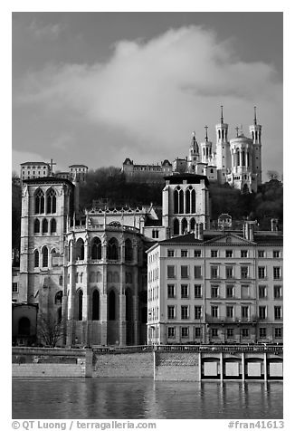 Saint Jean Cathedral and Notre Dame of Fourviere basilica. Lyon, France (black and white)