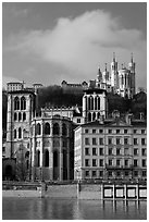 Saint Jean Cathedral and Notre Dame of Fourviere basilica. Lyon, France (black and white)