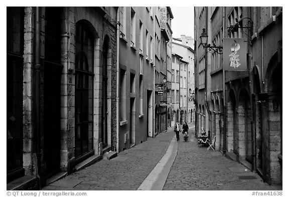 Rue du Boeuf, narrow historic street. Lyon, France (black and white)
