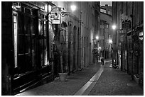 Rue du Boeuf at night. Lyon, France (black and white)
