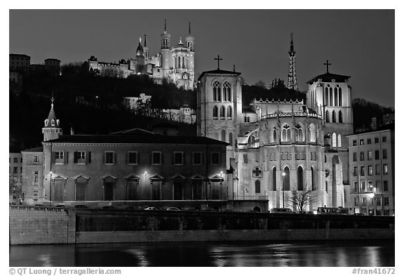 Saint Jean Cathedral and Notre Dame of Fourviere basilica at night. Lyon, France