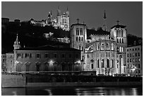 Saint Jean Cathedral and Notre Dame of Fourviere basilica at night. Lyon, France ( black and white)