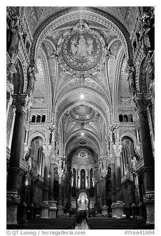 Heavily decorated dome of  Notre Dame of Fourviere basilic. Lyon, France (black and white)