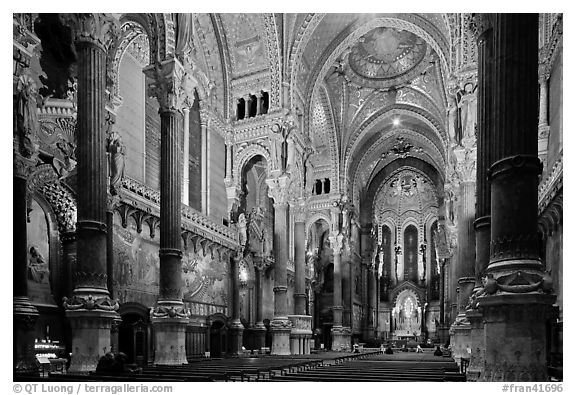 Interior of Basilica Notre-Dame of Fourviere designed by Pierre Bossan. Lyon, France (black and white)