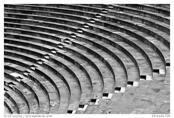 Tiered seats arrranged in a semi-circle, Orange. Provence, France (black and white)