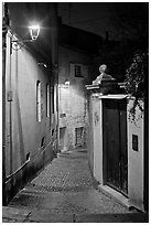 Narrow cobblestone street and street light. Avignon, Provence, France (black and white)