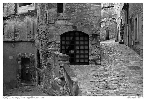 Cobblestone street, Les Baux-de-Provence. Provence, France (black and white)