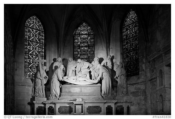 Lit sculpture of Christ laid to rest, St Trophime church. Arles, Provence, France
