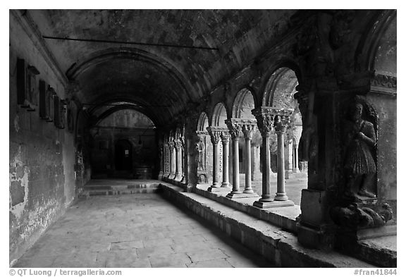 Romanesque gallery with delicately sculptured columns, St Trophimus cloister. Arles, Provence, France