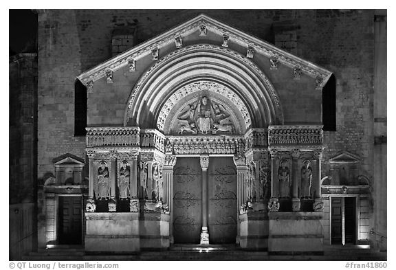 Portal of Trophime church with representation of the Last Judgment. Arles, Provence, France (black and white)