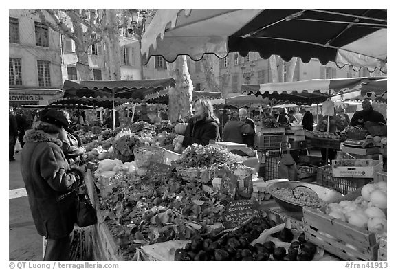 Food shopping in daily vegetable market. Aix-en-Provence, France (black and white)