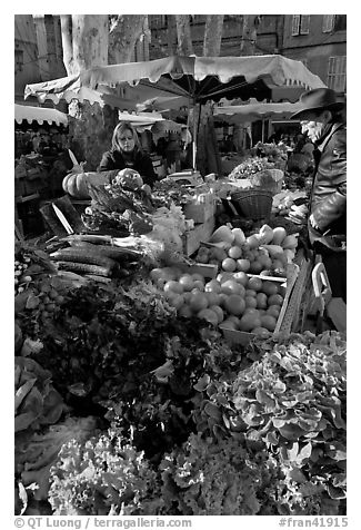 Vegetable stall, open-air market. Aix-en-Provence, France (black and white)