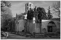 Medieval Church of Saint Honoratus in Les Alyscamps. Arles, Provence, France (black and white)