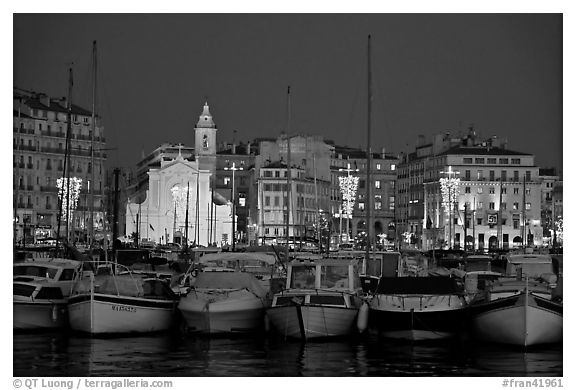 Yachts, church, and city at night, Vieux Port. Marseille, France (black and white)