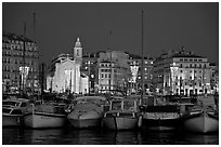 Yachts, church, and city at night, Vieux Port. Marseille, France (black and white)